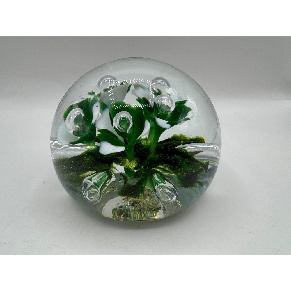 Jennings Bonnell JB Art Glass Paperweight Glitter Green White Floral Bubble - Picture 2 of 12